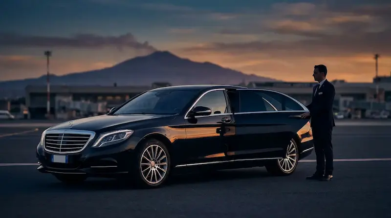 Black chauffeur car at Catania Airport with Mount Etna in the background