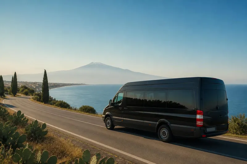 Black minibus on a coastal road in eastern Sicily with the sea and Mount Etna behind