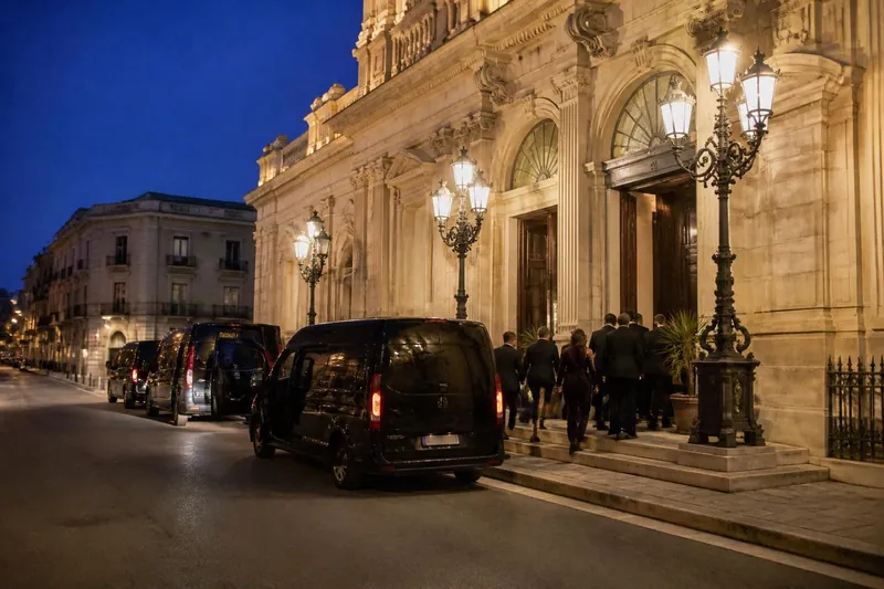 Black minibuses and a van waiting at the lit entrance of a theatre in the evening while guests go in