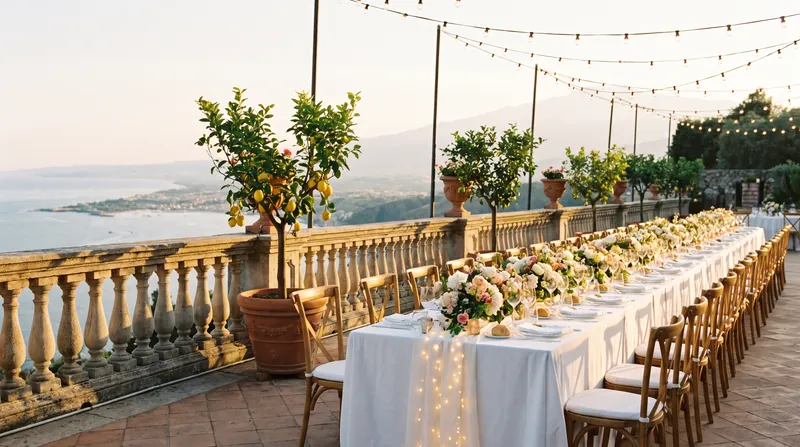A long dinner table set for a wedding on a stone terrace above the sea near Taormina, at golden hour